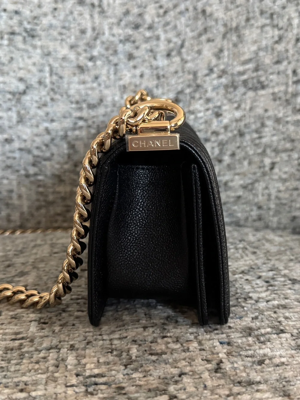 Chanel Black Mini Boy Bag Chevron Quilted Caviar Leather - Light Gold Chain